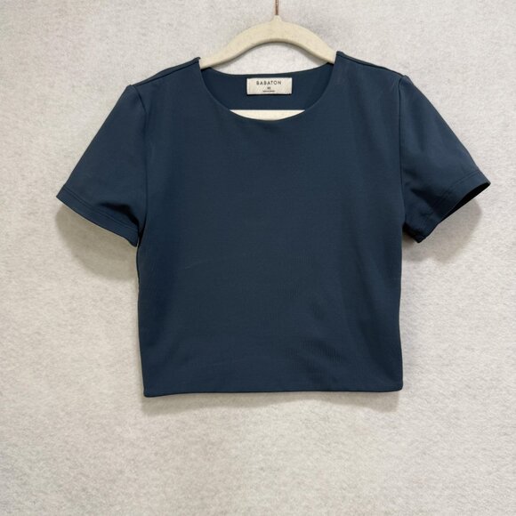 Babaton Shirt Womens Extra Small Blue Short Sleeve Crewneck Stretch Crop Top - Picture 1 of 8